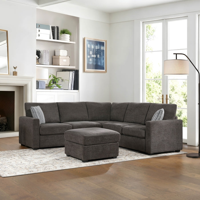 Dark Grey Chenille L-Shaped Sectional Sofa with Ottoman and Square Arms – 8329