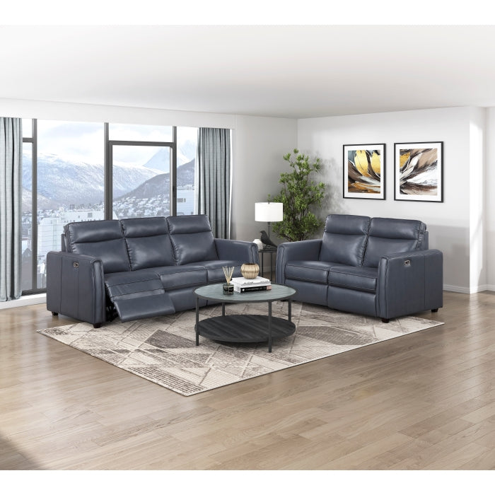 Equinox 2-Piece Power Motion Sofa & Loveseat Set – Navy Blue Faux Leather & Recliner Ends – 8368NVY-2PWA1