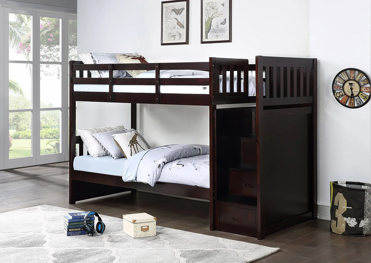 Mandaly Espresso Wood Twin over Twin Bunk Bed with Staircase & Drawers – 8435-ESP