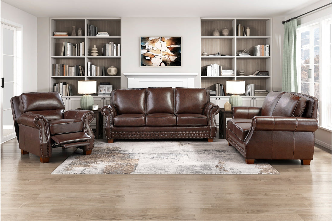 Homelegance 8448BRW-2PC 2 pc Remington brown top grain leather match sofa and love seat set nail head trim accents