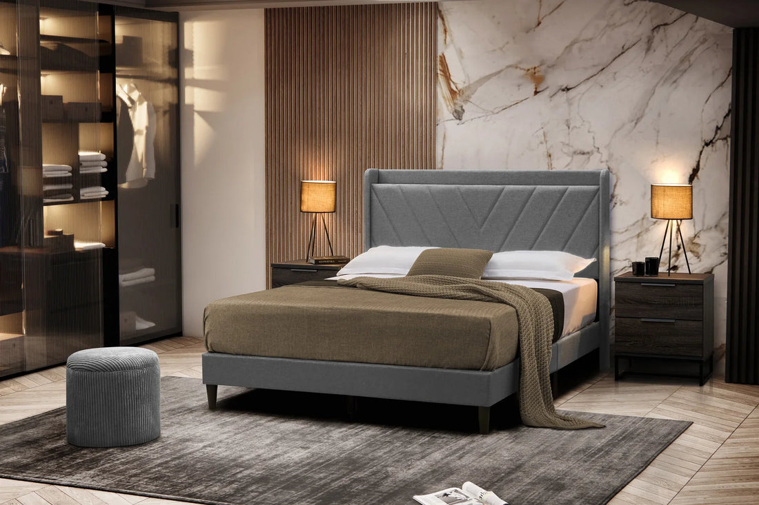 8743 Chevron design grey linen fabric tufted upholstered queen low rise platform bed with USB