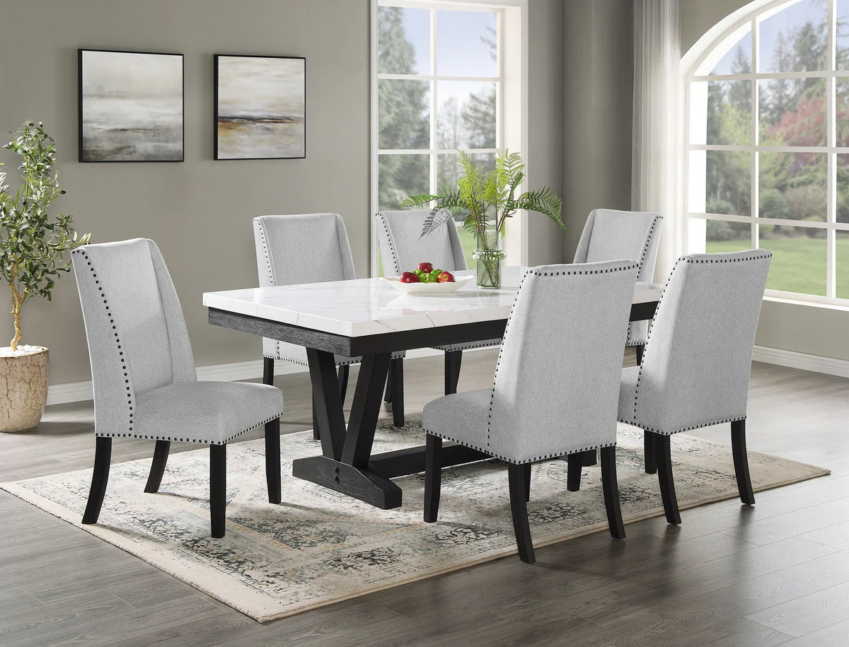 Vesper Bridgend Black Finish Wood 7-Piece Trestle Base White Faux Marble Top Dining Table Set – 9052-7PC