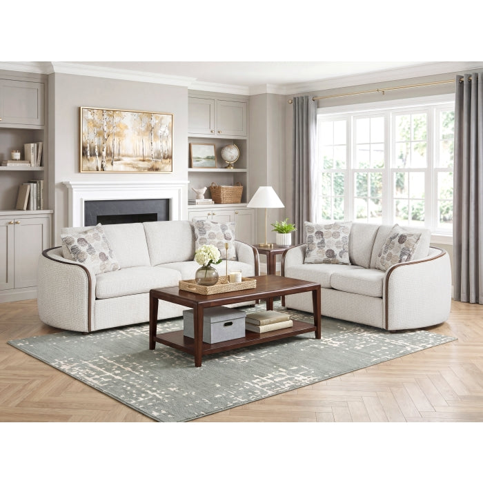 Loom Beige Chenille Sofa and Love Seat Set – Walnut Wood Trim & Rounded Arms – 9177WABEG-2PC