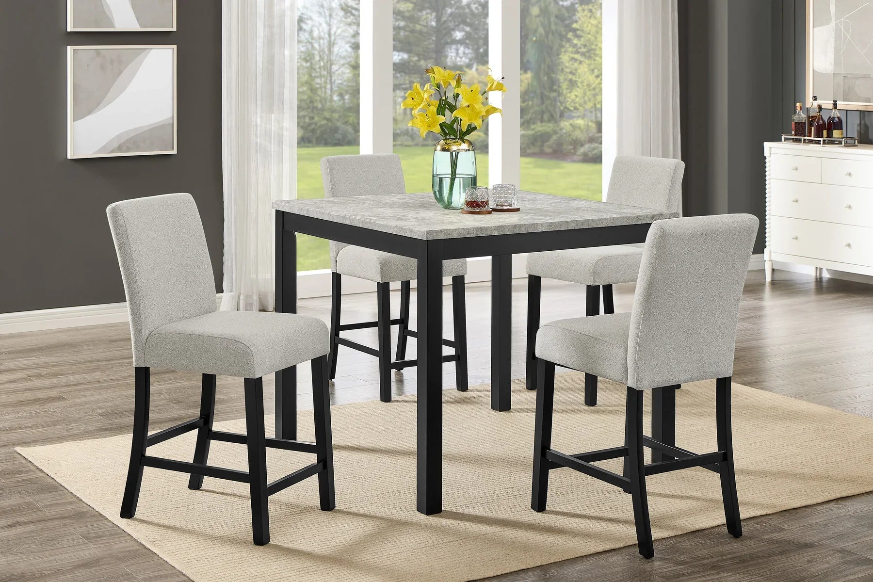 Bridgend Black Finish Wood 5-Piece Faux Concrete Top Counter Height Dining Table Set – 9348-5PC