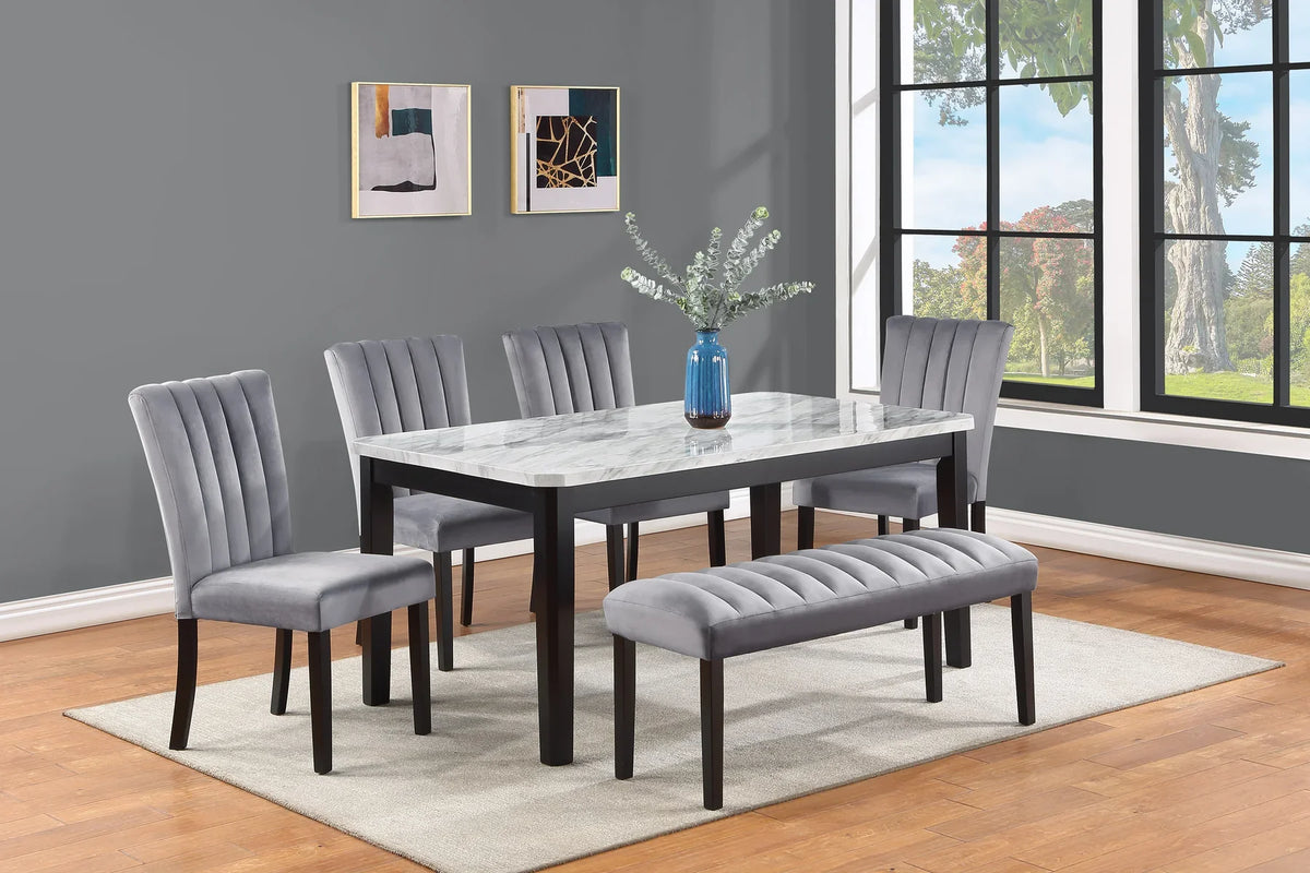 Bridgend Black Finish Wood 6-Piece White Faux Marble Top Dining Table Set with Bench – 9441-6PC