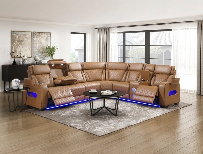 Homelegance 9516BRWS-33L2RCNPWH 3 pc Bastrop fortuner brown faux leather sectional sofa with power motion recliners LED lighting