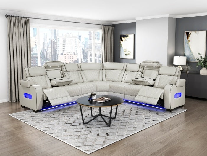 Homelegance 9516TPES-33L3RPWH 3 pc Bastrop fortuner taupe faux leather sectional sofa with power motion recliners LED lighting
