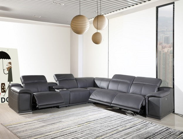 Global United 2679DG-6PC 6 pc Dark grey Genuine leather power reclining sectional sofa adjustable headrests