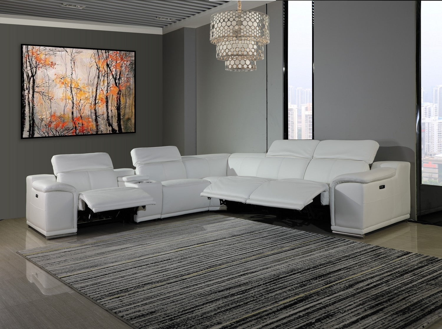 Global United 2679WH-6PC 6 pc White Genuine leather power reclining sectional sofa adjustable headrests