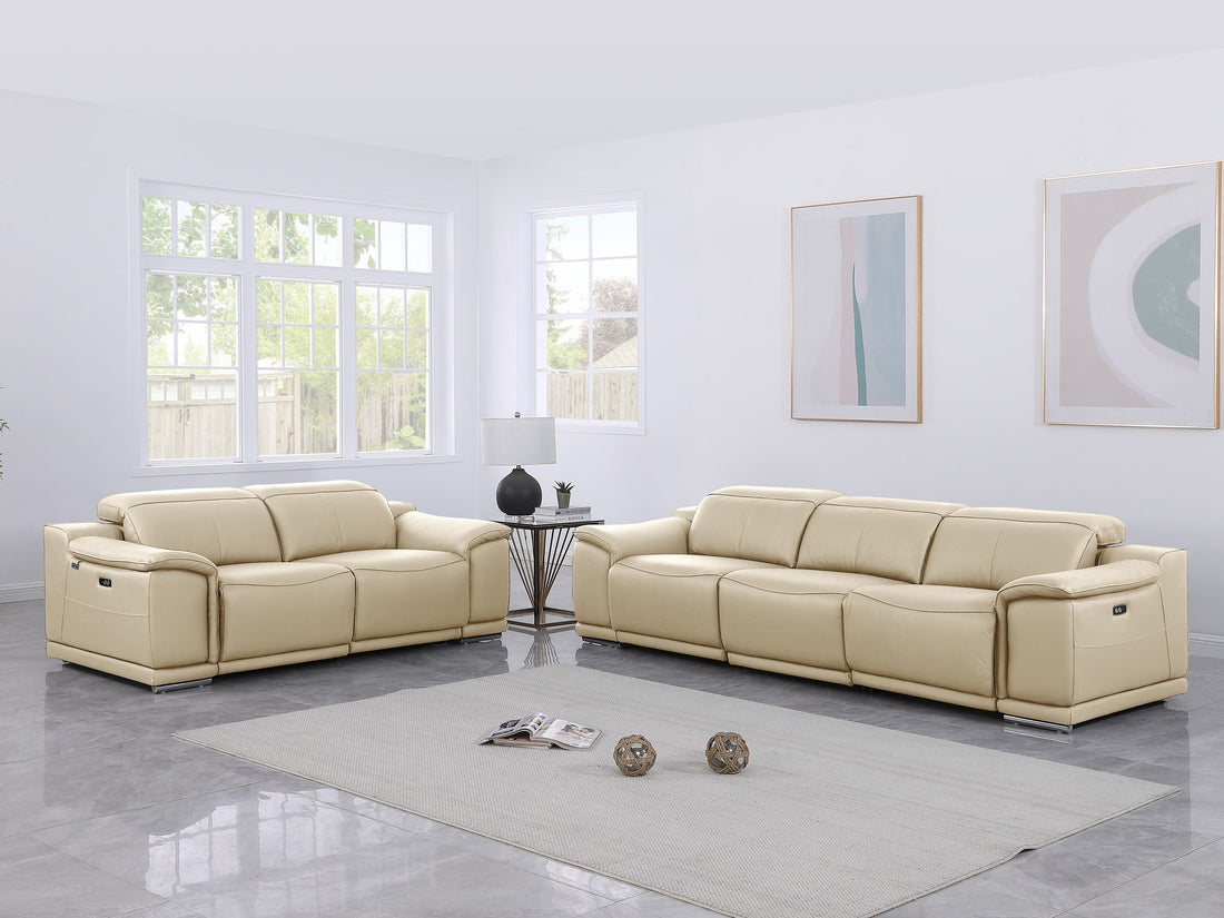 Global United 9762BG-2PC 2 pc DivanItalia beige italian leather power reclining sofa and love seat adjustable headrests
