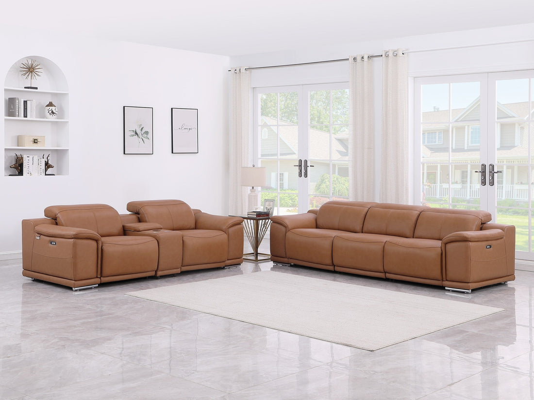 Global United 9762CG-2PC-CN 2 pc DivanItalia cognac italian leather power reclining sofa and love seat adjustable headrests