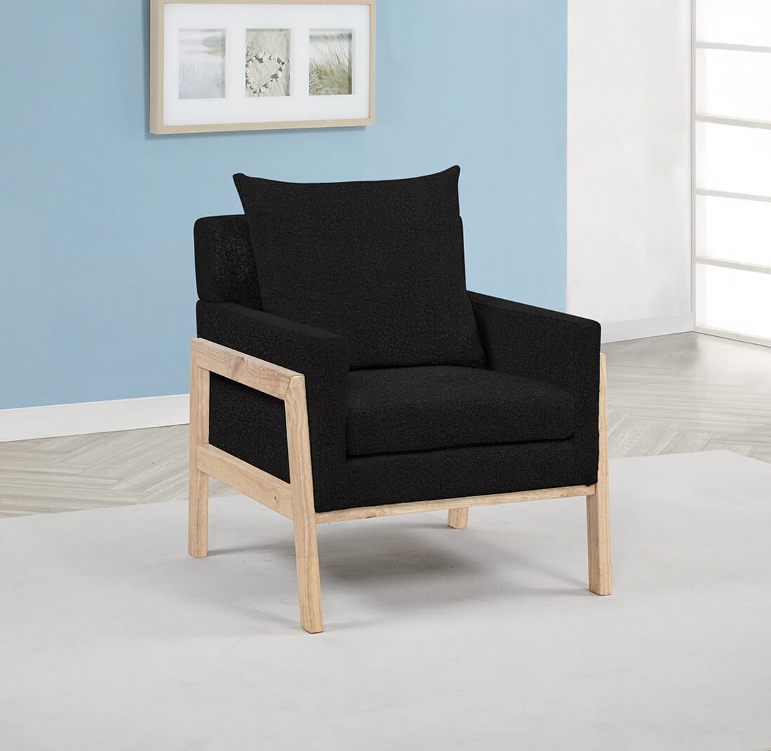 AC311  Daisy black teddy bear boucle fabric natural finish wood frame side accent chair squared back