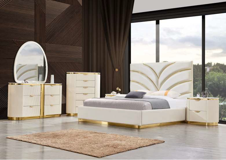 Mc Ferran Alliyah Cream Wood Finish Faux Leather Tufted Queen Bedroom Set – B1001-4PC-Q