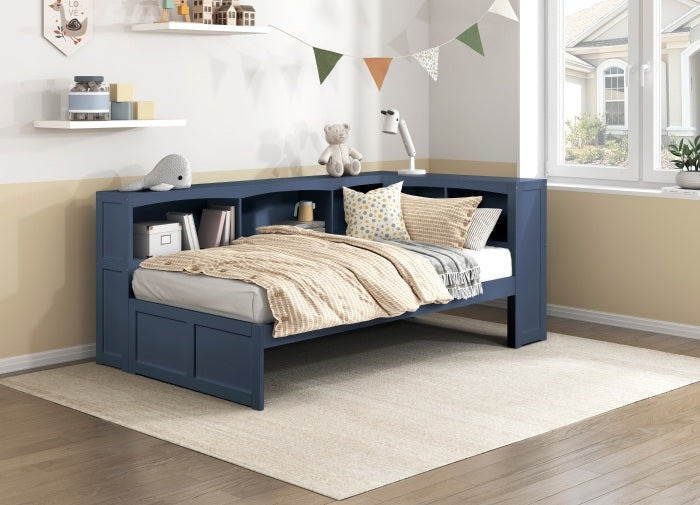 B2083BU-BC-BC  Darby home co orion dark blue finish wood twin corner storage headboard corner set