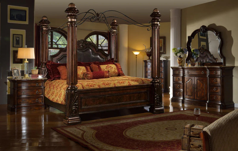 B6005-4PC 4 pc Tuscan II medium wood finish with bonded leather tufted padded headboard four poster canopy bedroom set with marble tops