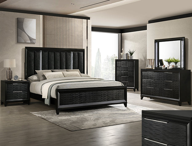 Crown mark B7350 4 pc Cressida black finish wood silver trim highlights LED headboard boucle tufted fabric queen bedroom set
