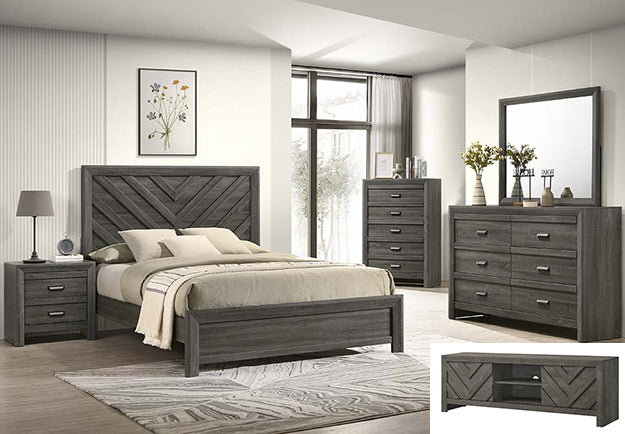 B9335 4 pc Valor grey finish wood chevron design paneled headboard queen bedroom set