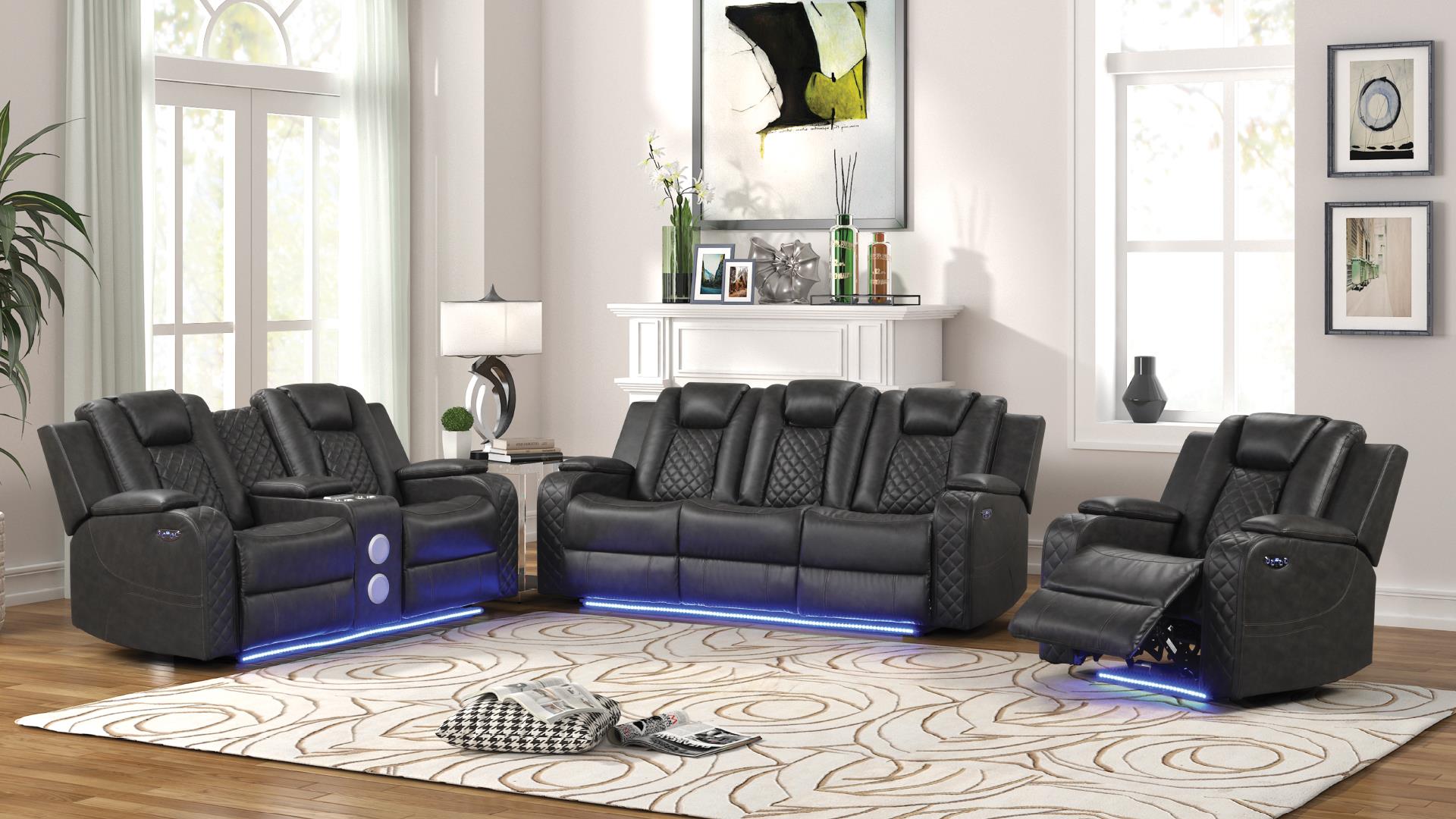 2 pc Benz grey faux leather power motion sofa and love seat with wireless charging, LEDS , cup holders bluetooth speakers