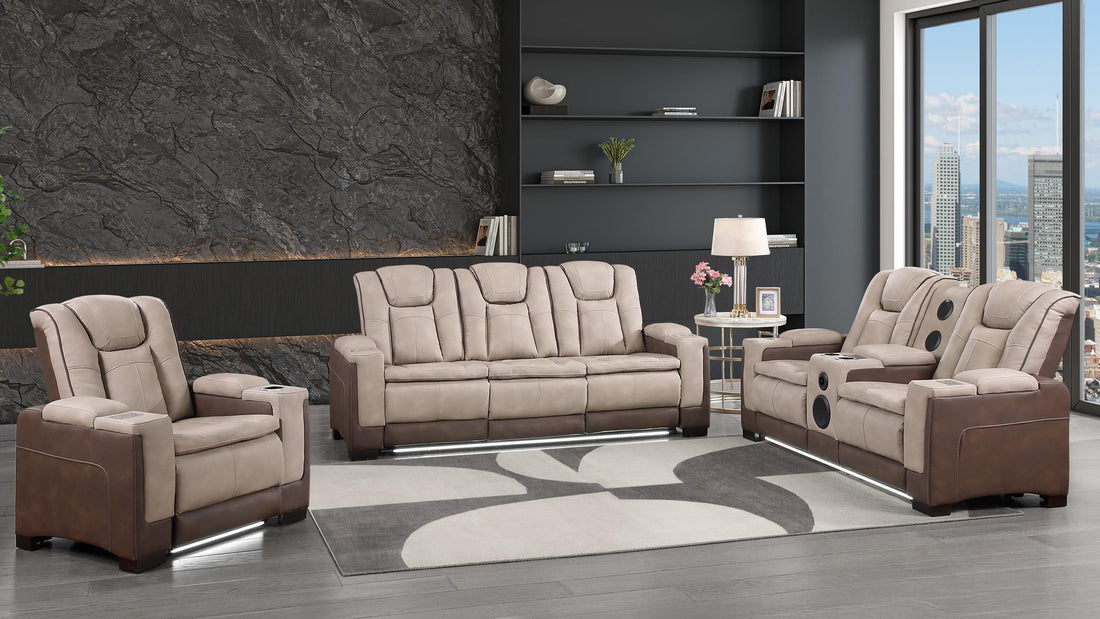 2 pc Bruno two tone brown faux leather power motion sofa and love seat with USB charging, LEDS , cup holders bluetooth speakers