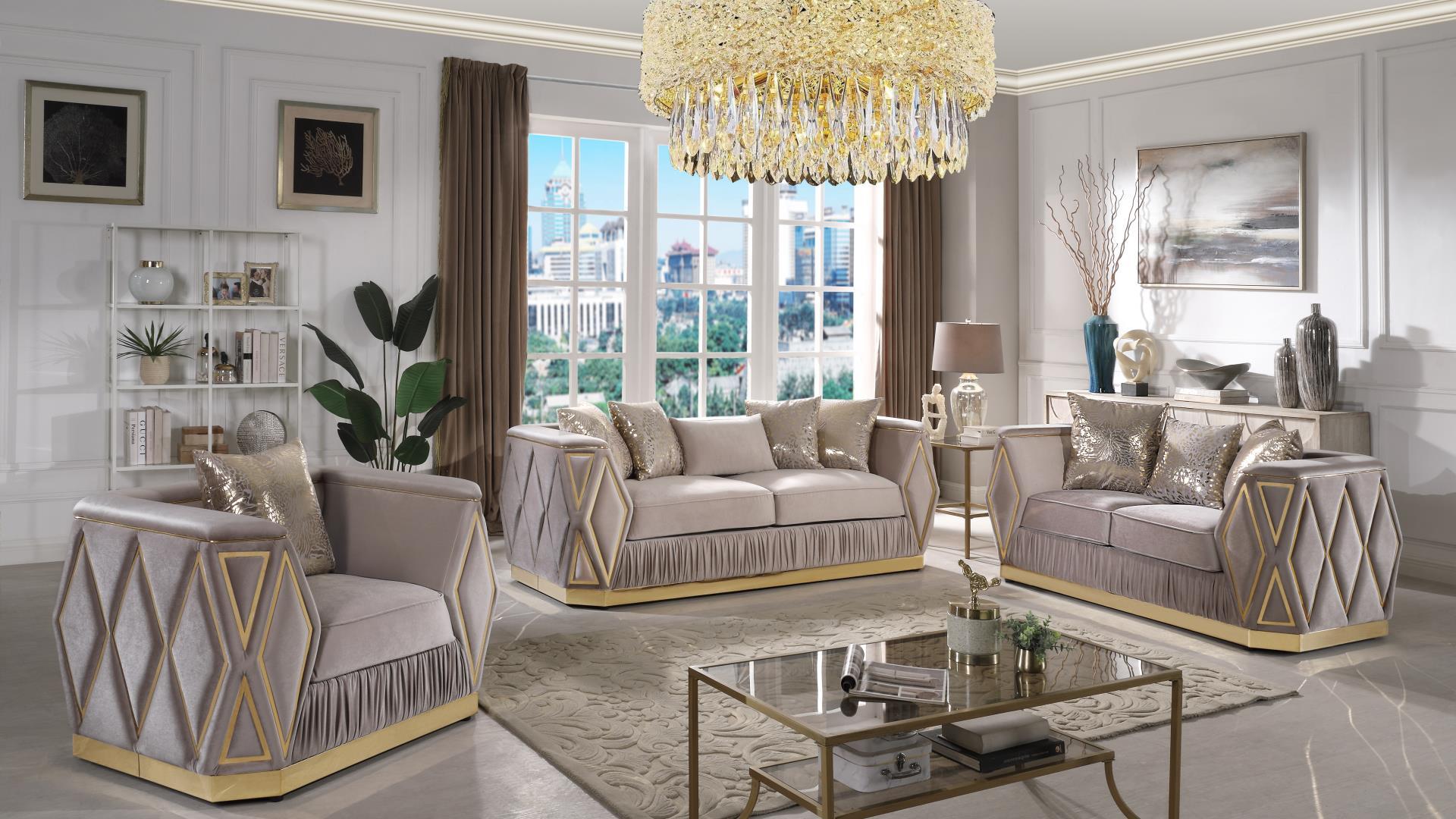 2 pc Cavalli gray fabric upholstered diamond pattern arms gold trim accents sofa and love seat set
