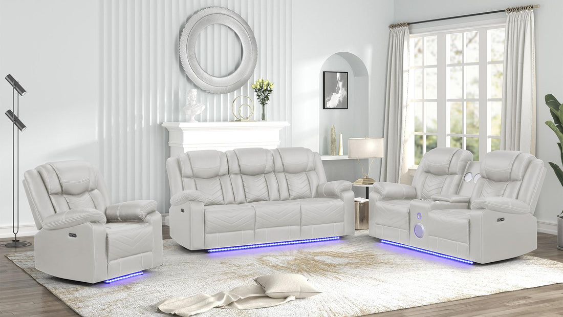 2 pc Challenger ice faux leather power motion sofa and love seat with USB charging, LEDS , cup holders bluetooth speakers