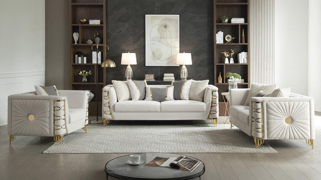2 pc Contessa beige fabric upholstered sunburst pattern arms gold trim accents sofa and love seat set