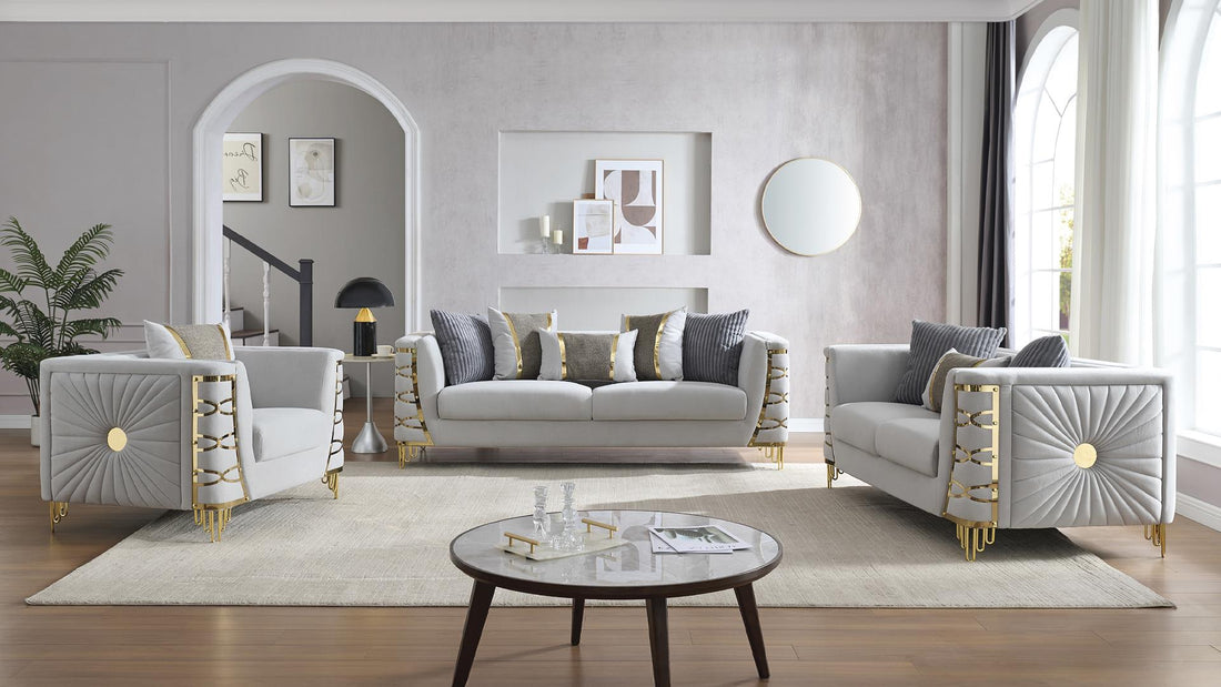 2 pc Contessa gray fabric upholstered sunburst pattern arms gold trim accents sofa and love seat set