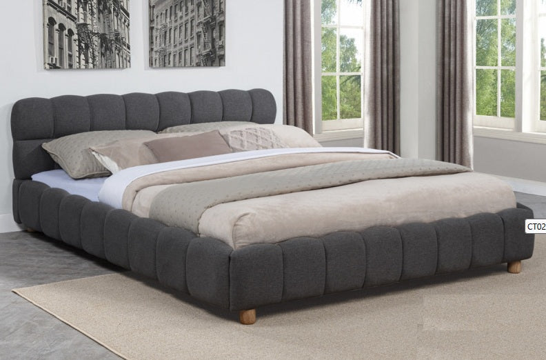 CT02GQ Orba grey burlap fabric upholstered beige wood legs queen low rise platform bed