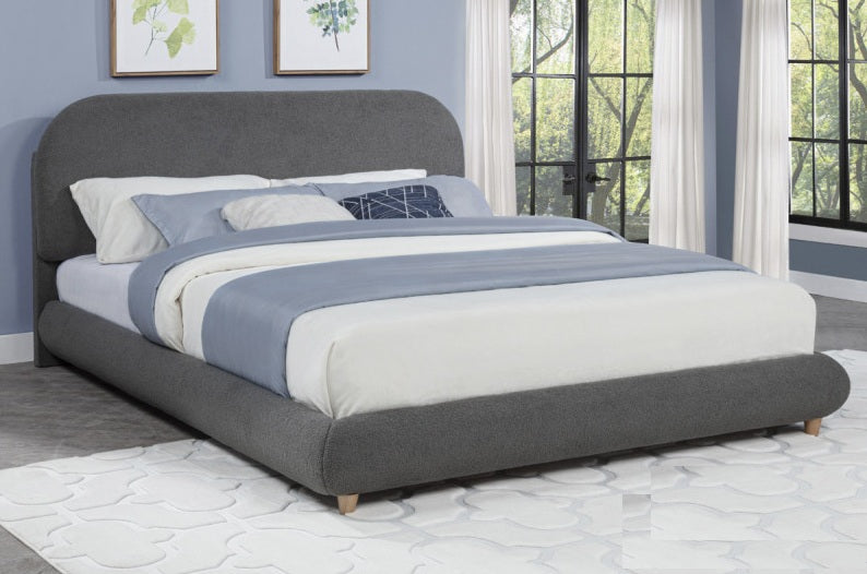CT04GQ Clover grey fleece fabric upholstered beige wood legs queen low rise platform bed