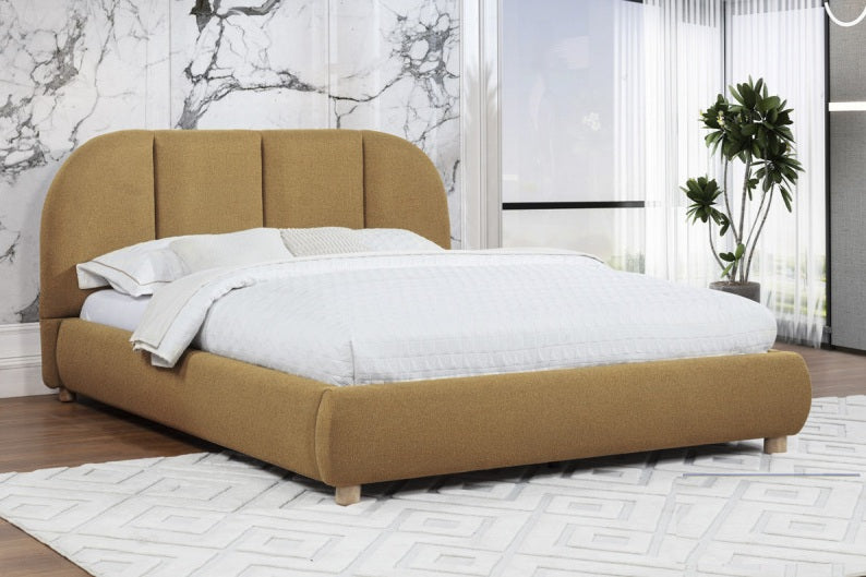 CT05BRQ Clover golden brown burlap fabric upholstered beige wood legs queen low rise platform bed