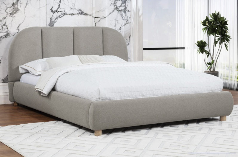 CT05TQ Clover light tan burlap fabric upholstered beige wood legs queen low rise platform bed