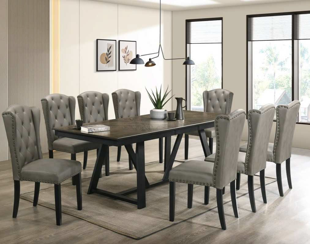 Cabo-9PC 9 pc Cabo earth brown and black finish wood dining table set with leaf