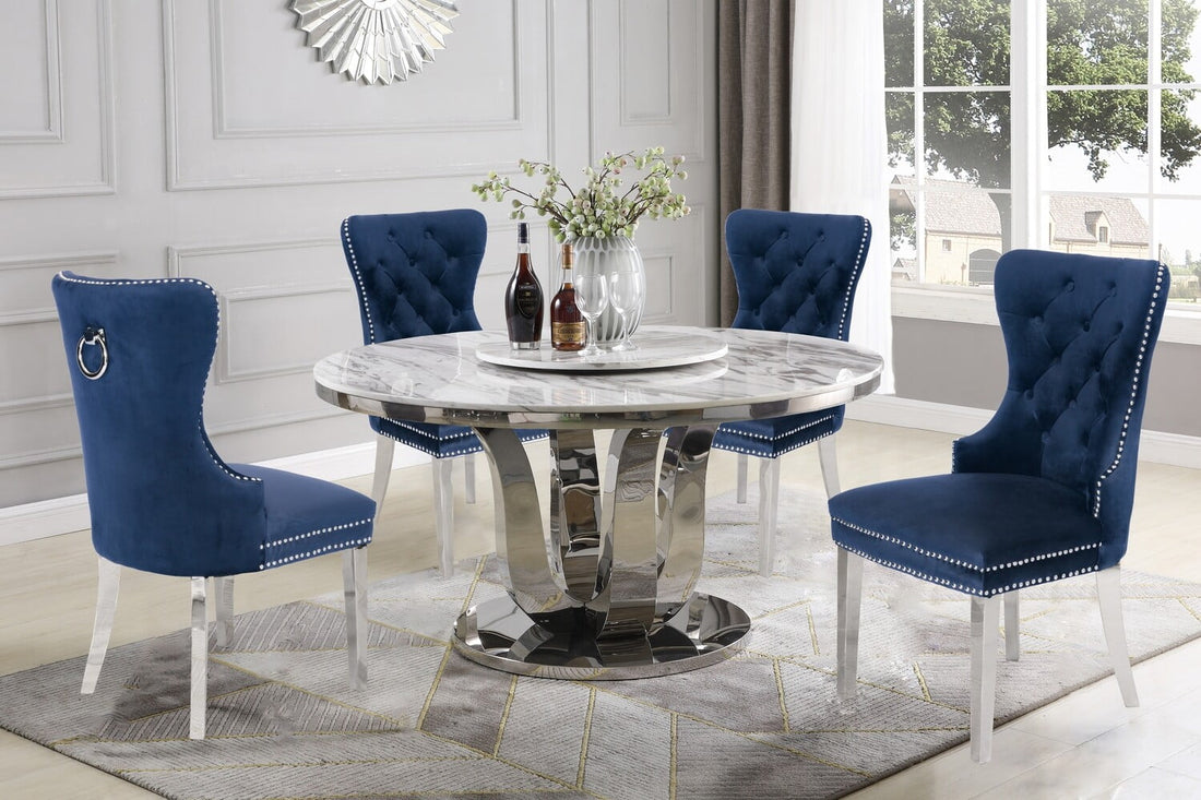 Best Quality 58" Round Marble Dining Table Set with Blue Chairs – D16LS-4SC46