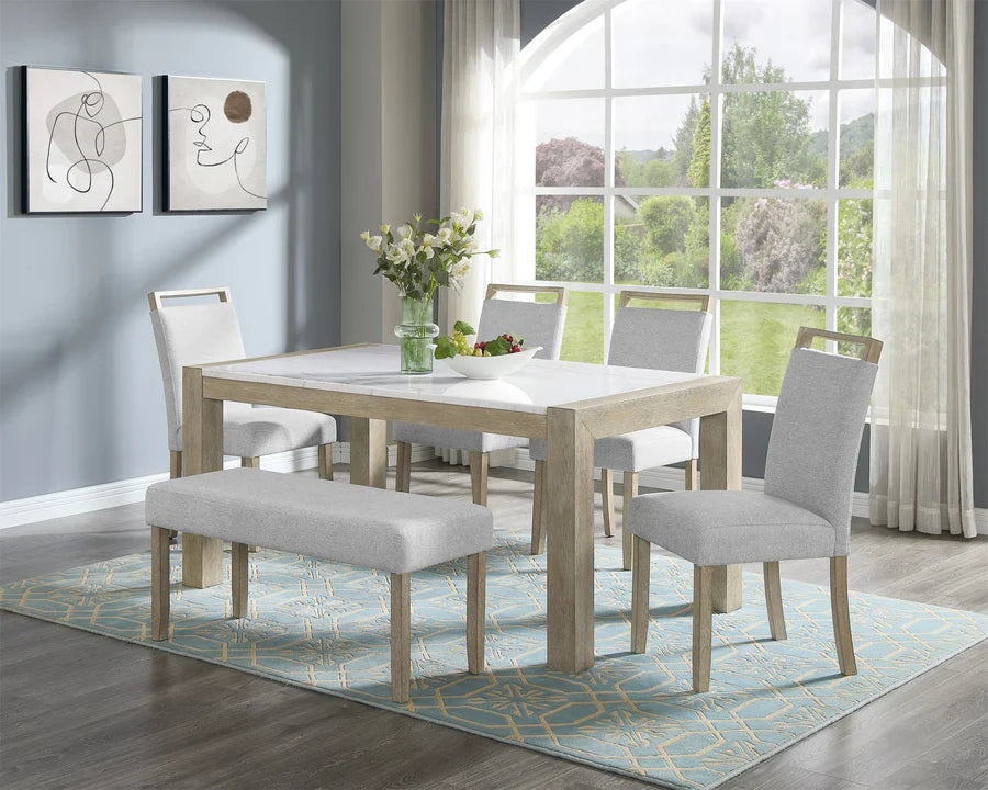 Tabitha 6-Piece Light Oak Wood 66" White Faux Marble Top Dining Table Set with Bench – D4018-6PC