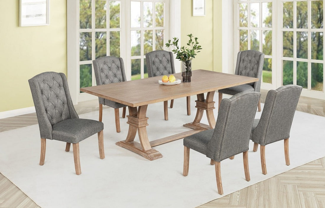 D706-WC-7PC 7 pc Gracie oaks rustic light oak finish wood trestle base dining table with grey fabric wing back chairs