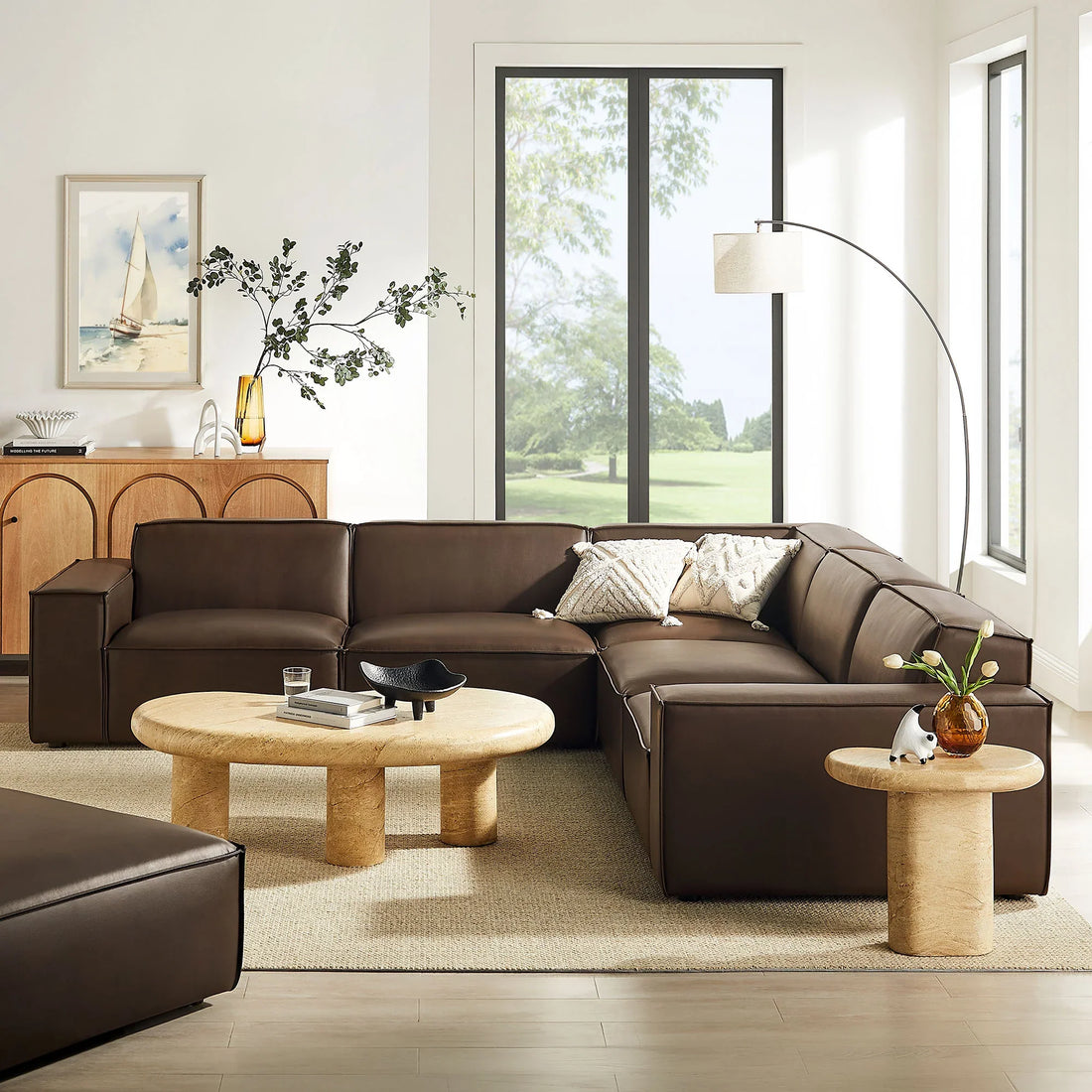 Auren 5 pc Restore espresso vegan leather modular sectional sofa with piping trim