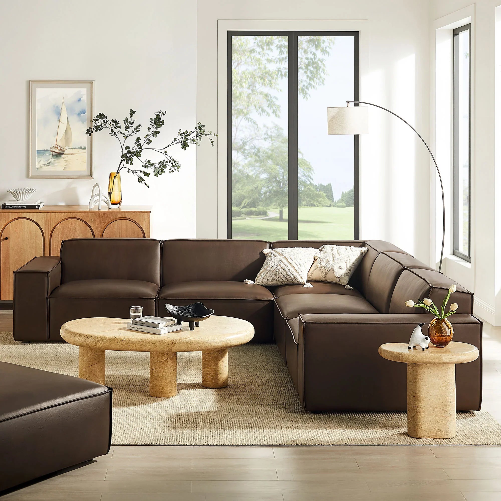 Auren 5 pc Restore espresso vegan leather modular sectional sofa with piping trim