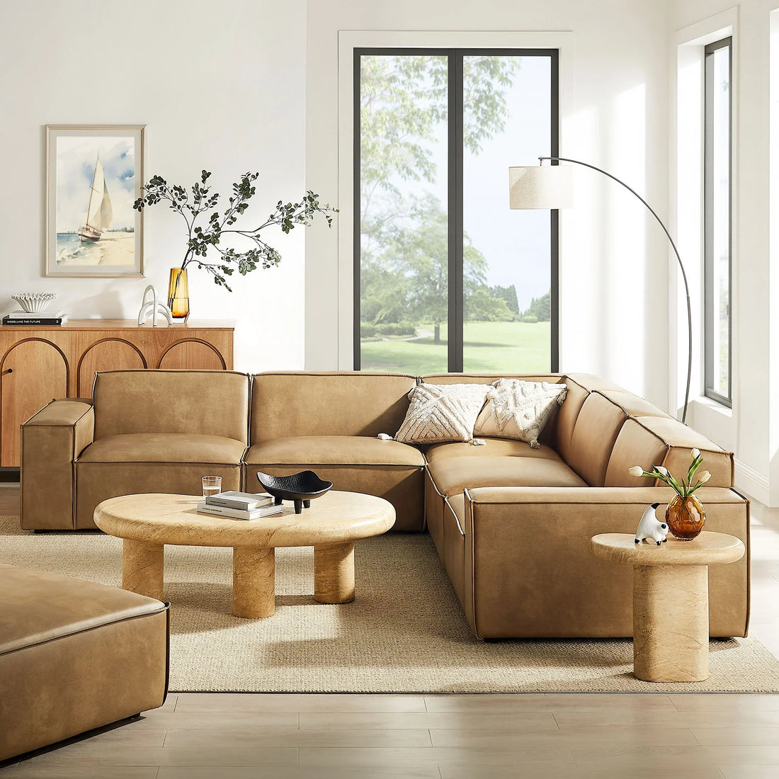 Auren 5 pc Restore toast vegan leather modular sectional sofa with piping trim