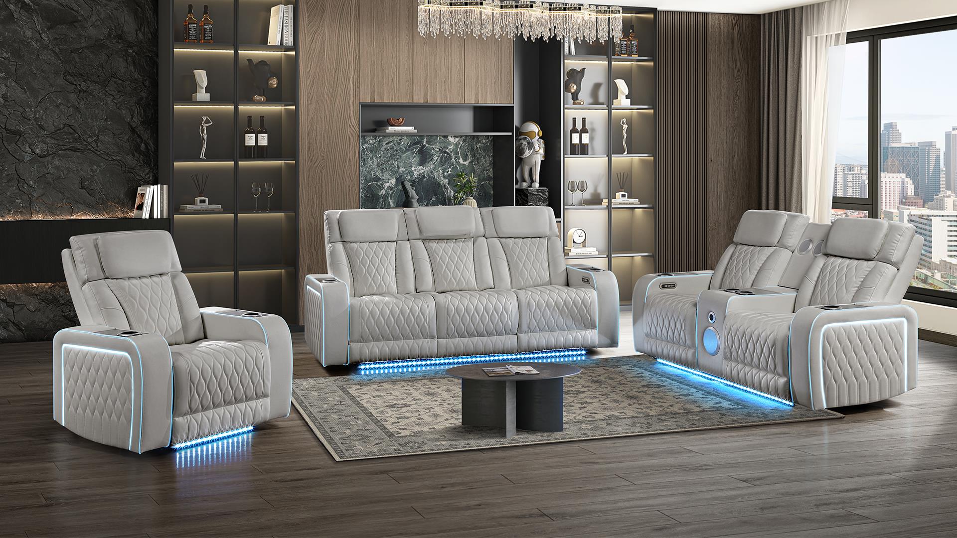 2 pc Electra grey faux leather power motion sofa and love seat with massagers and LED , wireless charging, LEDS , cup holders