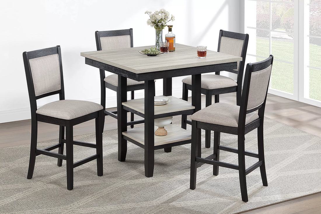 Poundex F2644 5 pc Antique black and rustic natural tone finish wood and fabric counter height dining table set