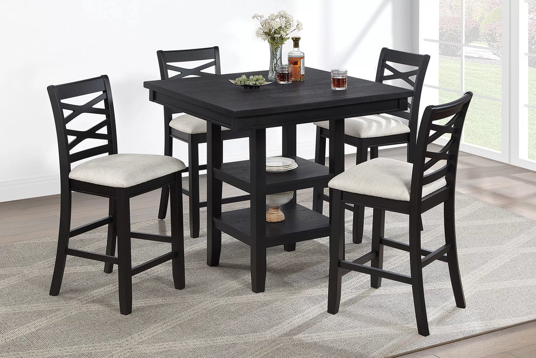 Poundex F2645 5 pc Antique black finish wood and fabric counter height dining table set