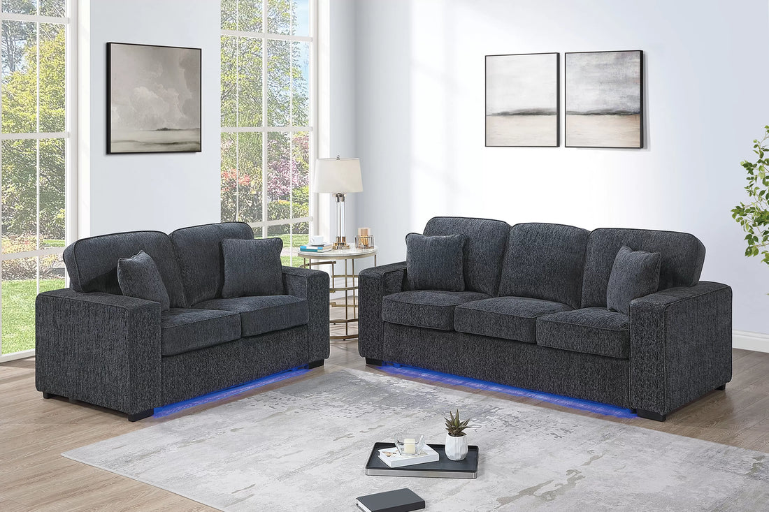 Poundex F7496 2 pc dark grey chenille fabric sofa and love seat set with square arms LED lighting