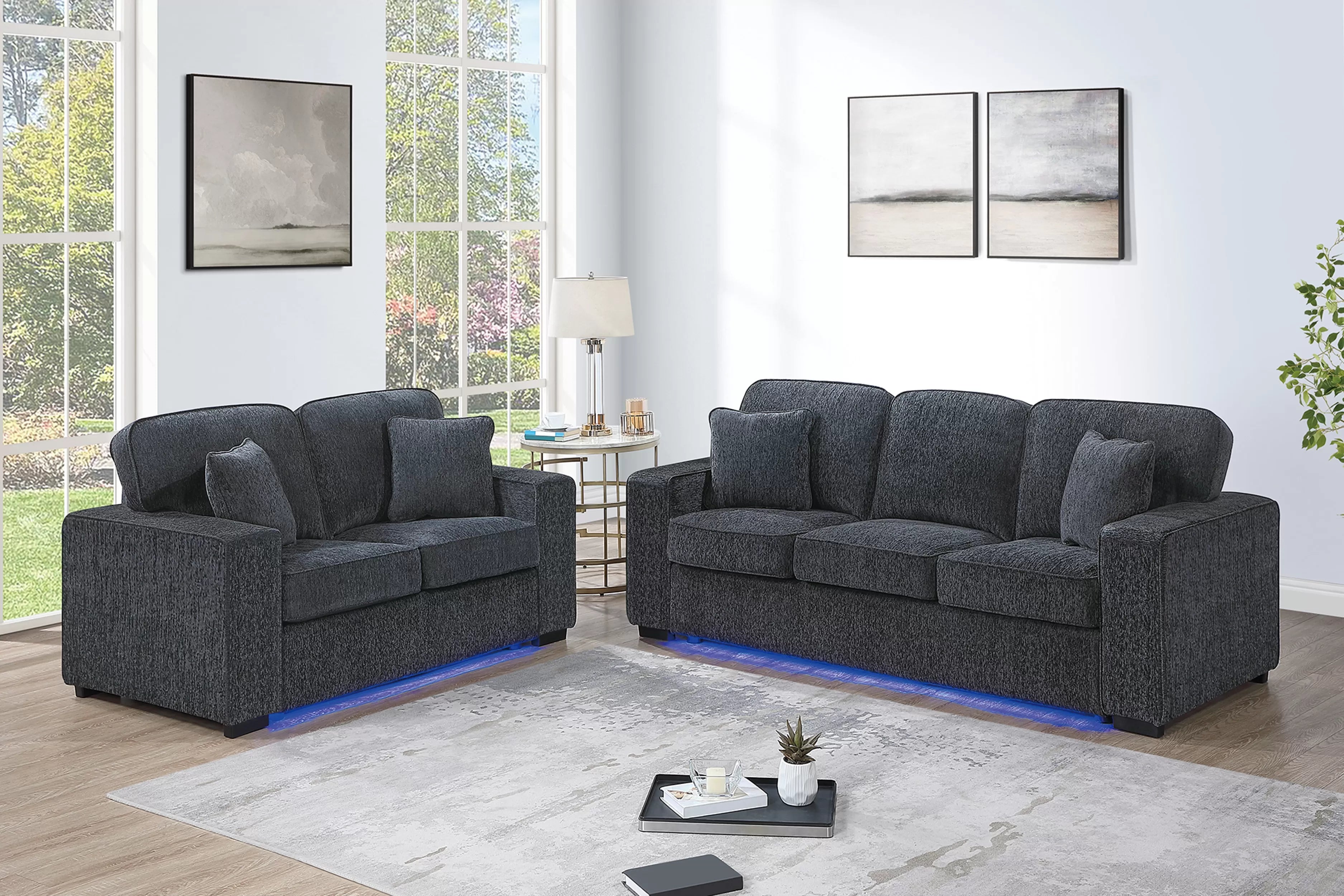 Poundex F7496 2 pc dark grey chenille fabric sofa and love seat set with square arms LED lighting