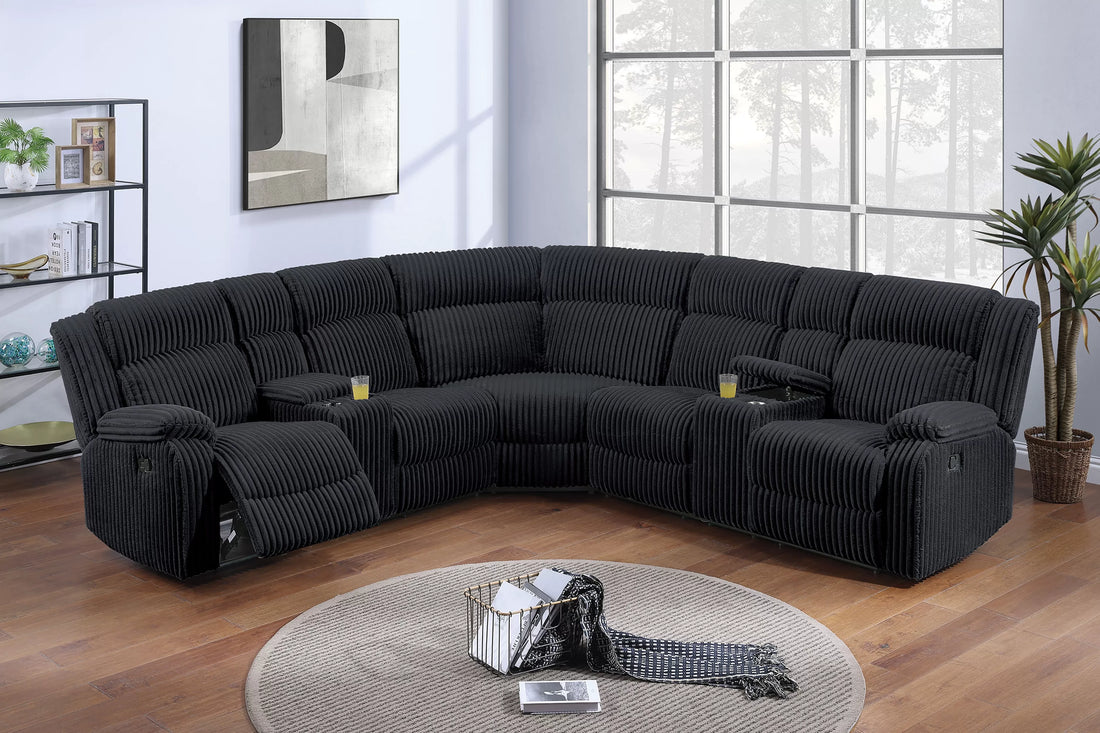 Poundex F86640  3 pc Black wide welt corduroy sectional sofa with cup consoles and power motion recliners on the end