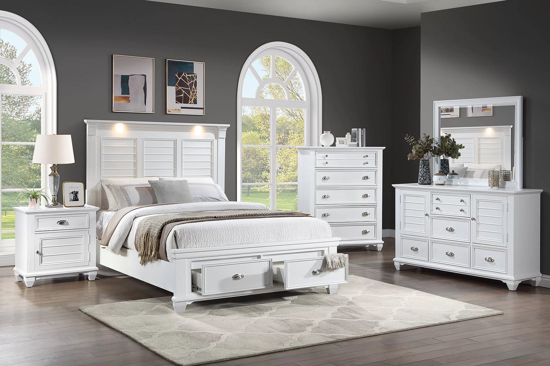 Poundex F9683Q-4PC 4 pc White finish wood country style LED lighting queen bed set footboard drawers