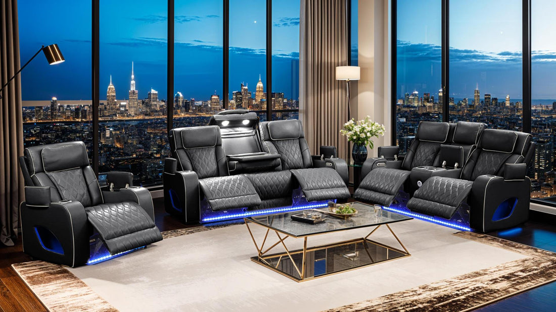 2 pc Fortuner black faux leather power motion sofa and love seat with massagers , wireless charging, LEDS , cup holders