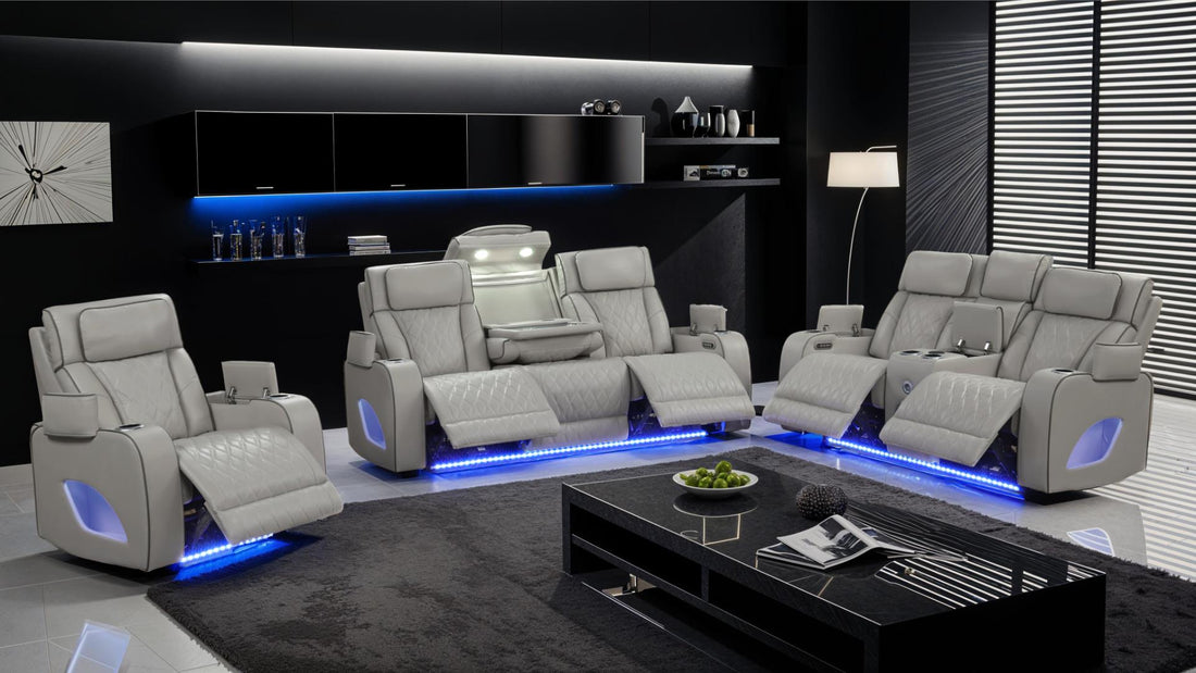 2 pc Fortuner grey faux leather power motion sofa and love seat with massagers , wireless charging, LEDS , cup holders