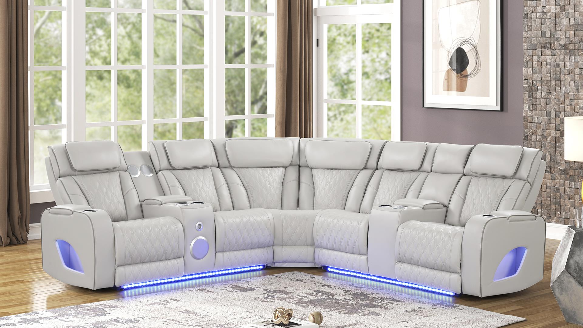 3 pc Fortuner ice faux leather power motion sectional sofa with massagers and LED , Wireless charging, cup holders Bluetooth speakers