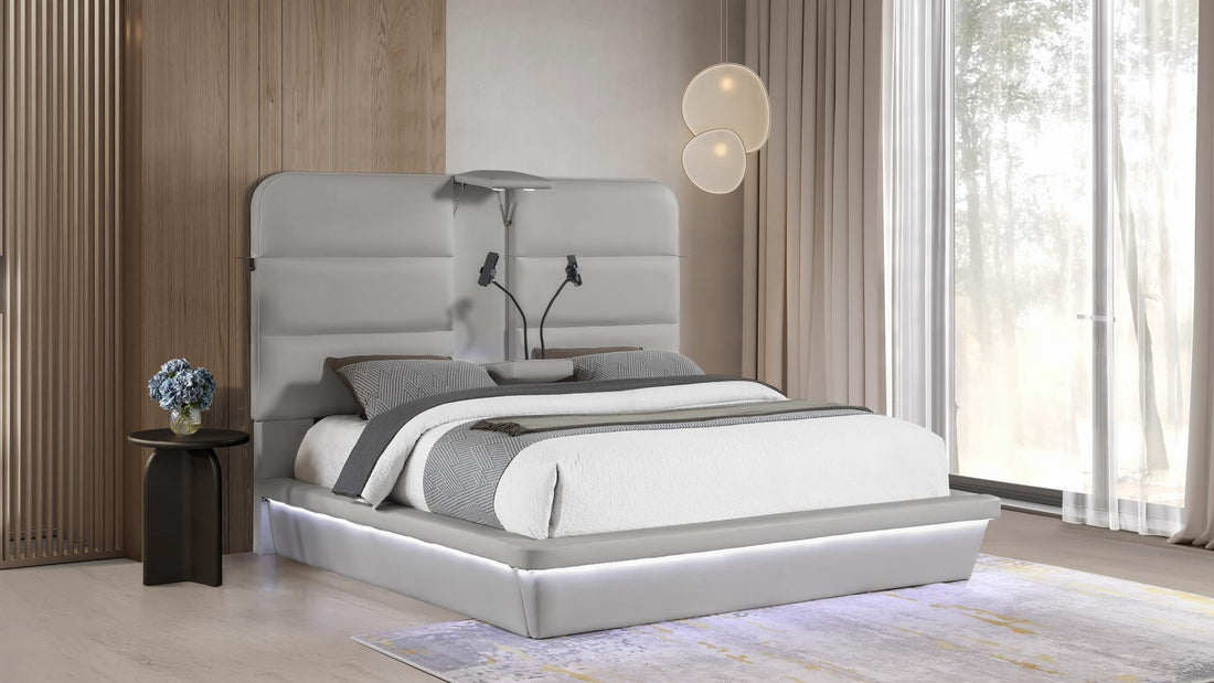 Futura grey faux leather modern Queen bed with LED lighting wireless charging and nightlights