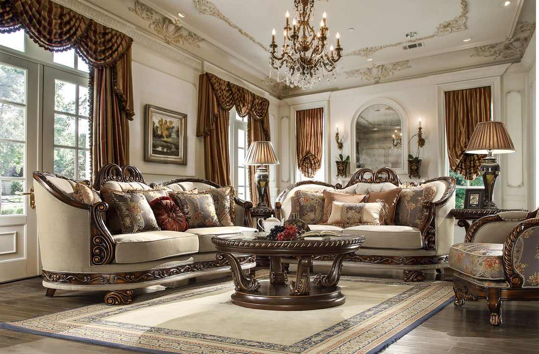 HD-1623-3PC Dark red mahogany finish wood and multi tone fabric upholstery High back Sofa , love and chair living room set lark manor
